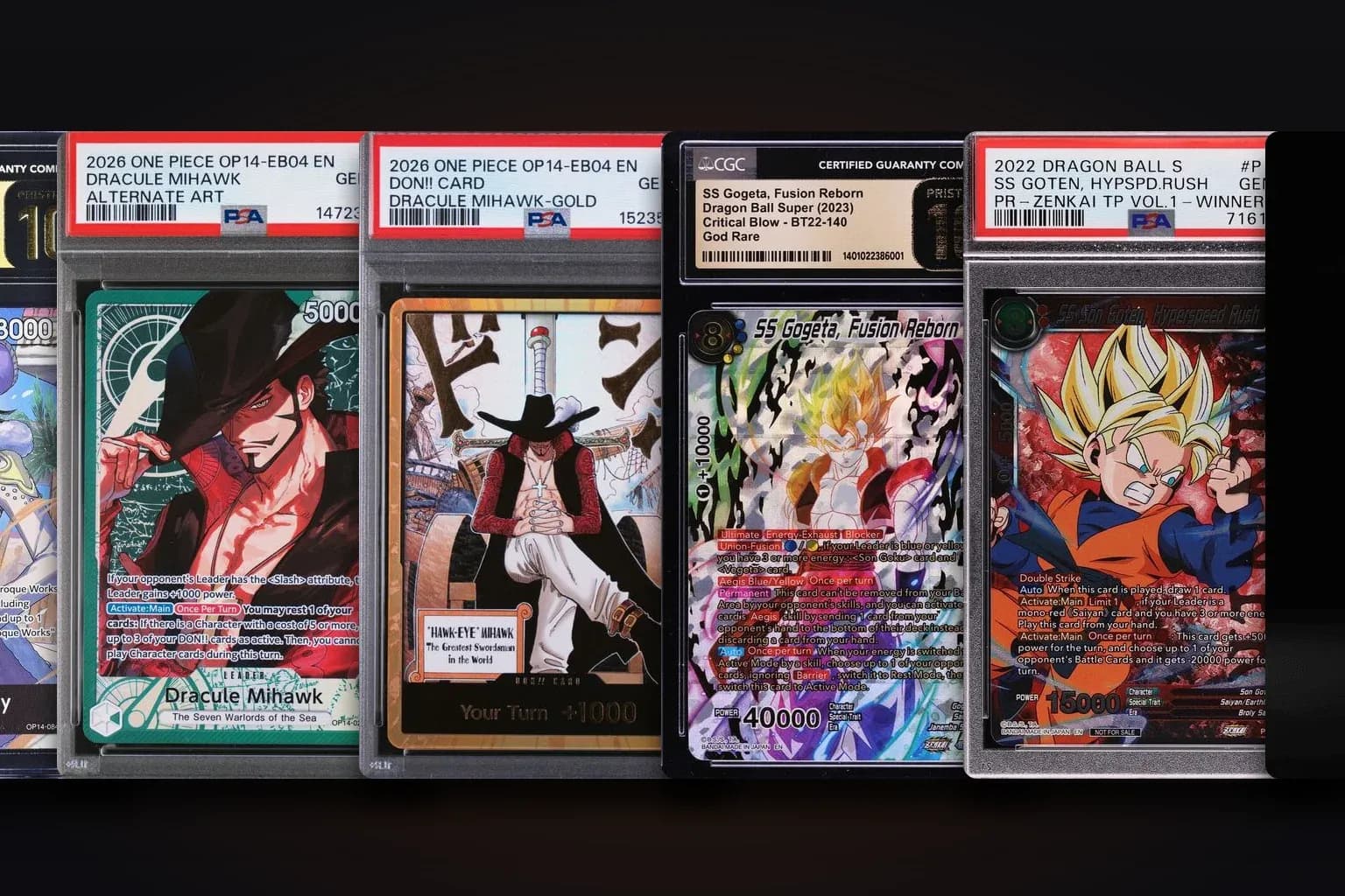 Real anime trading card slabs in gem mint — One Piece alt arts and Dragon Ball Super Fusion World cards in PSA and CGC holders