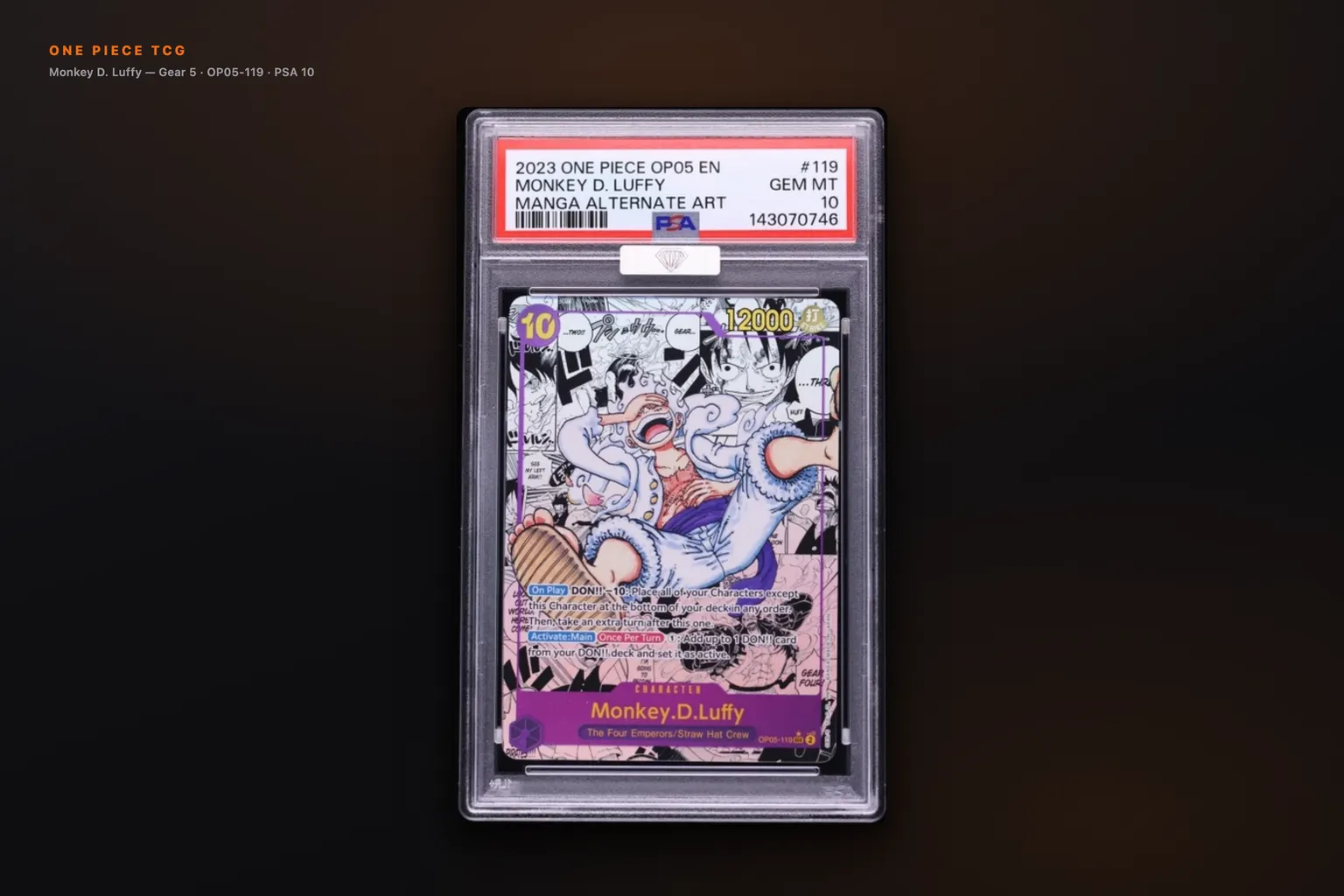 Monkey D. Luffy Gear 5 PSA 10 graded card slab product photography