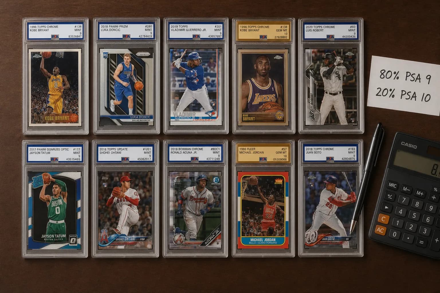 Graded card portfolio layout showing 80% PSA 9 cards with select PSA 10 investment picks highlighted in gold