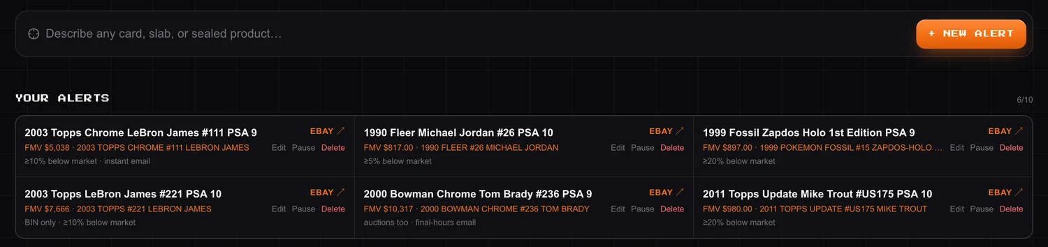 Close-up of the create-alert bar and six saved alerts in CardboardSniper, each showing the fair market value and the matched card, with the deal threshold under each one