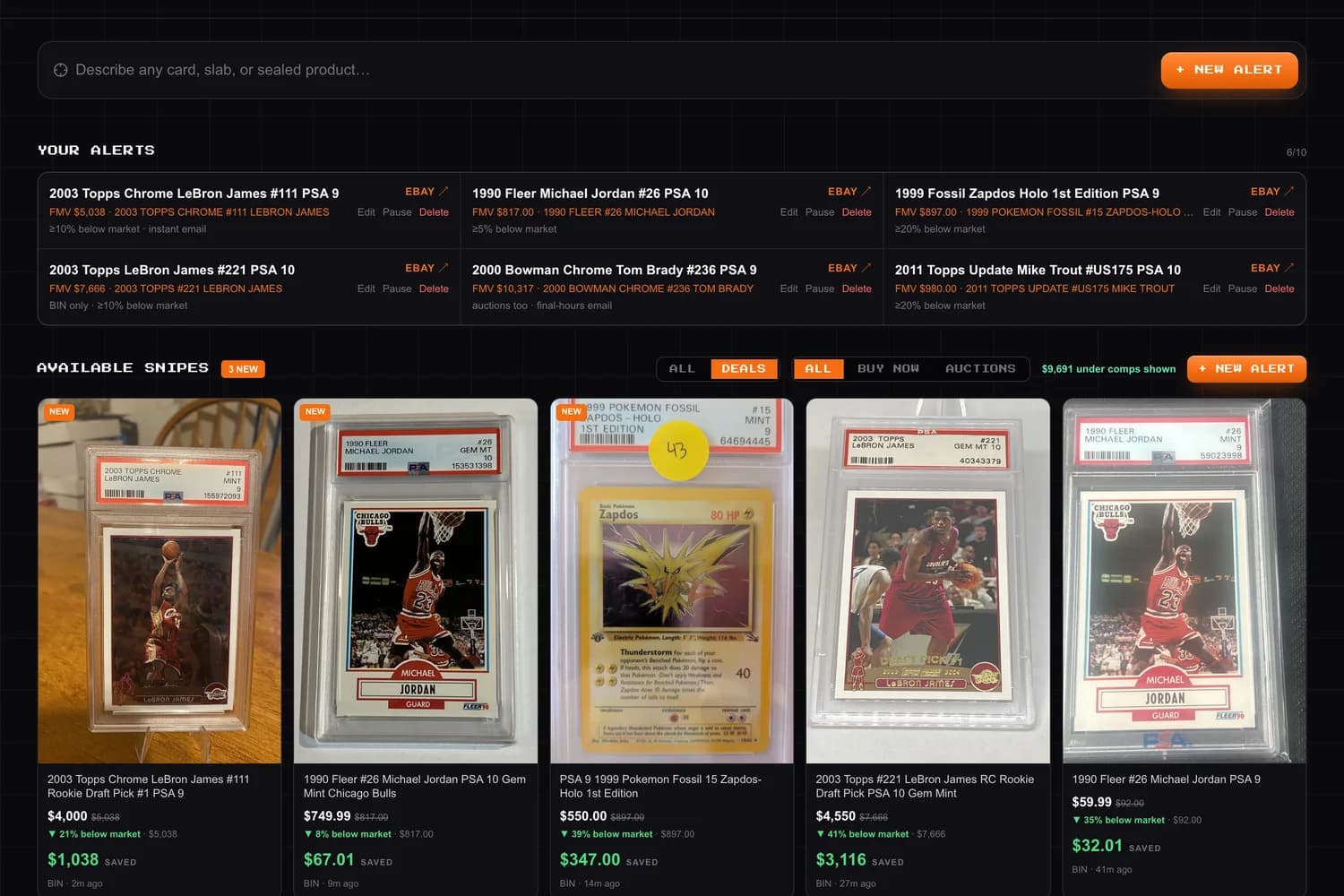 The CardboardSniper dashboard: a create-alert bar at the top, six saved alerts each showing the card and its fair market value, and the Available Snipes feed with real listings priced against their comps