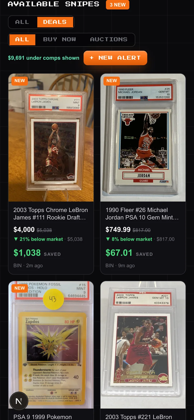 The CardboardSniper feed on a phone: Available Snipes with the LeBron Chrome PSA 9 at $4,000 and the 1990 Fleer Jordan PSA 10 at $749.99, each with the comp and the amount saved