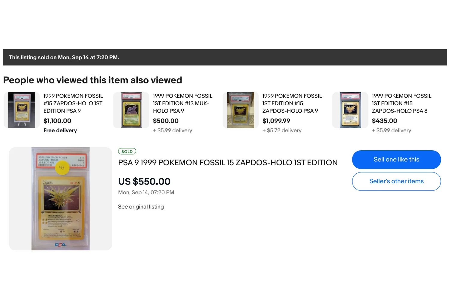 eBay listing page for the 1999 Fossil Zapdos Holo 1st Edition PSA 9 showing the sold banner and the $550 price