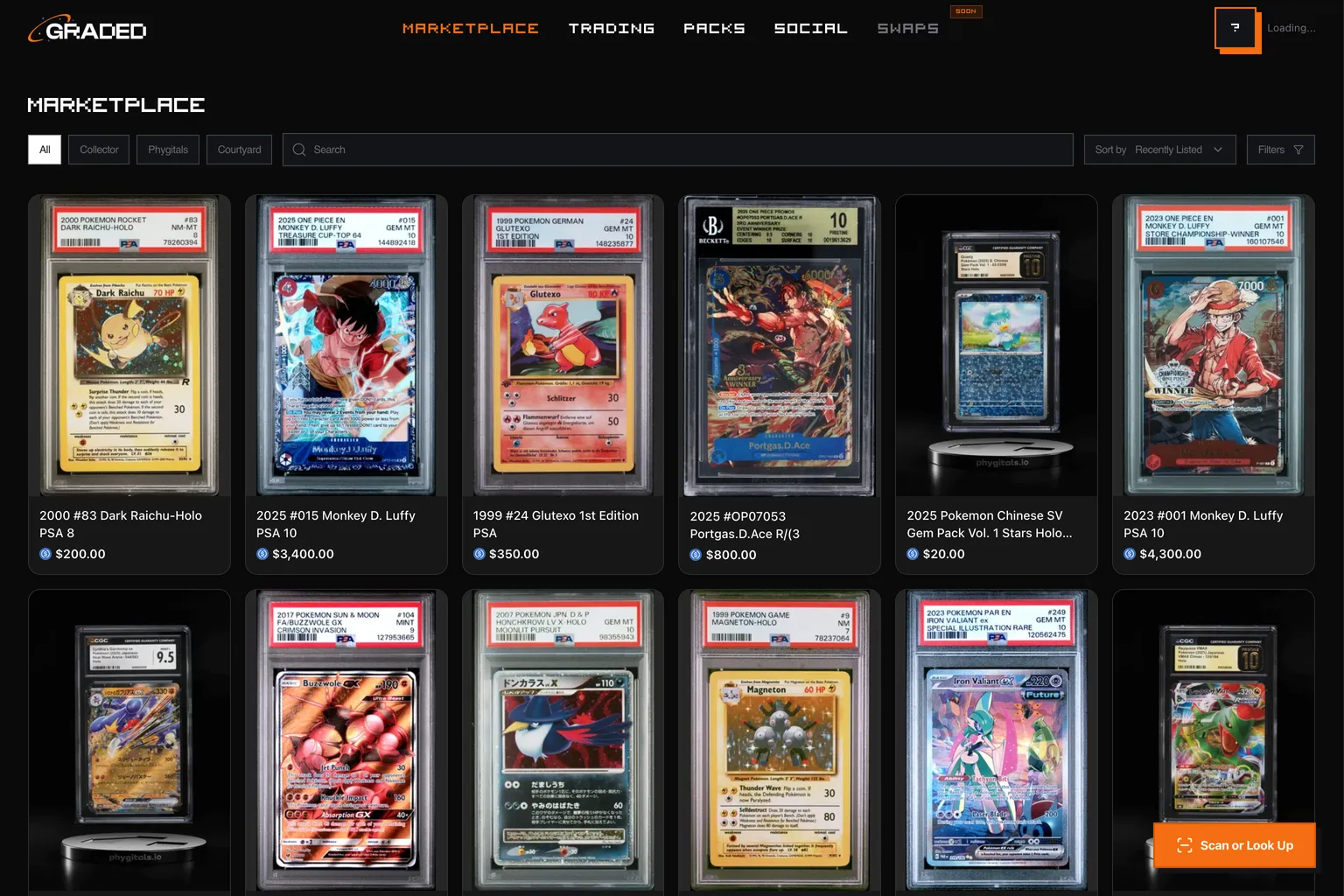 The CardboardSniper marketplace showing tokenized (SOL-priced) and traditional graded card listings together across eBay, Collector Crypt, Phygitals, and Courtyard