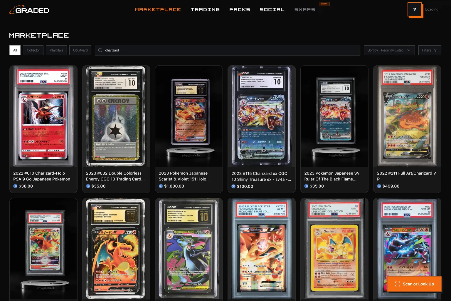 A single search on CardboardSniper World returning graded card listings with prices from eBay, Courtyard, Collector Crypt, and Phygitals