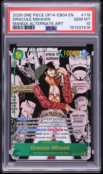 2026 OP14 The Azure Sea's Seven Dracule Mihawk Alt Art #OP14-119 PSA 10